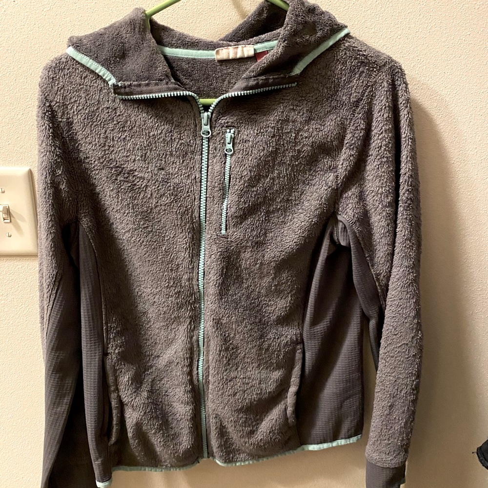 Fuzzy Gray and Teal Zip-up